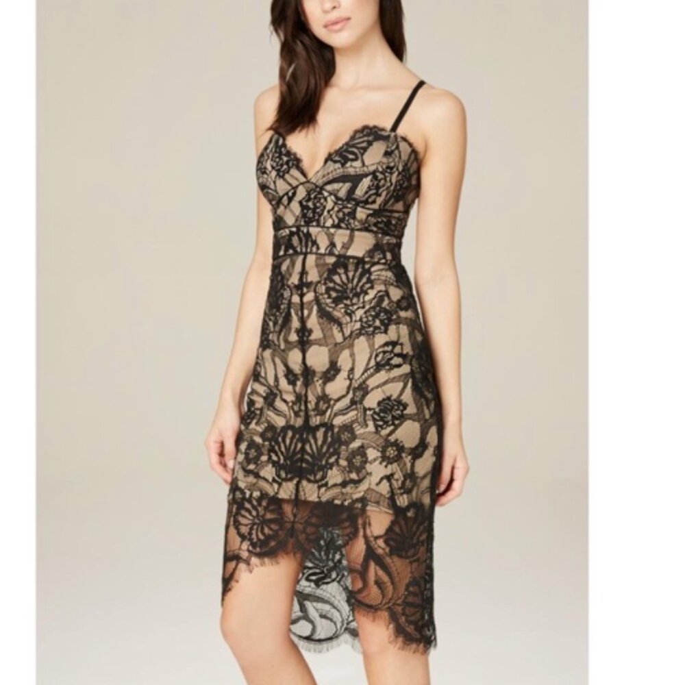 Bebe Bobbie Bustier Dress Size 2 Black Beige Lace Valentines Date Pencil